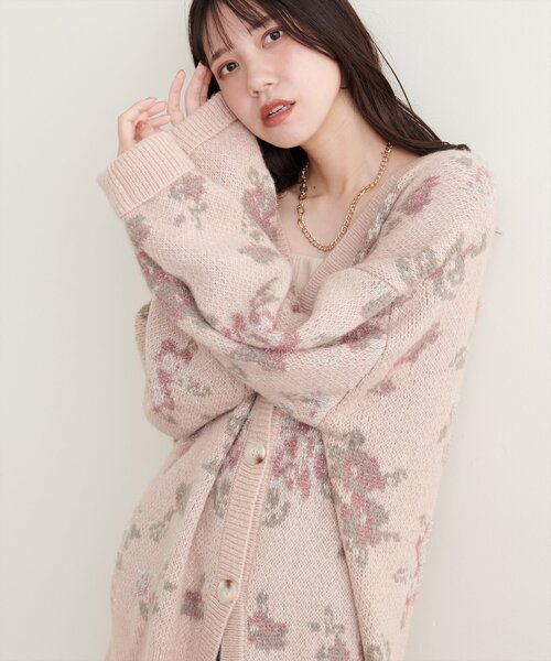 【極美品】ROBE de FLEURS センタージップラメ入りニットジャガード ラメ入りフラワージャガードゆるカーデ（カーディガン/ボレロ