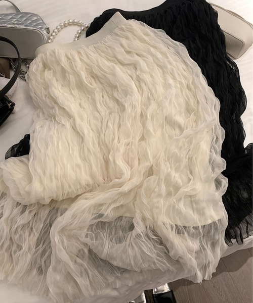 deux amour(ドゥーザムール)の「シフォンシワ加工プリーツロングスカート(スカート・レディース・アイボリー/ブラック・FREE)」の7枚目の写真