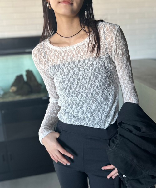 美品✨24ss ビアズリー Tシャツ 袖レース クルーネック カットソー 黒 裾レースカットソー（Tシャツ/カットソー）｜BEARDSLEY