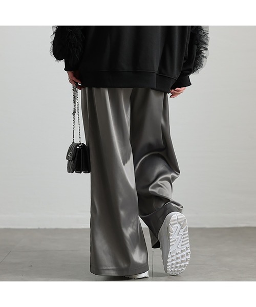 ストレッチサテンタックワイドパンツ【大きいサイズ対応