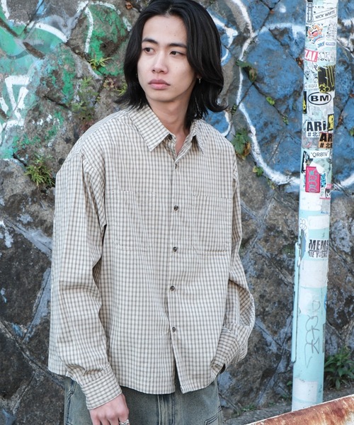 WEGO(ウィゴー)の「WEGO/ミニマムチェックショートロングスリーブシャツ(シャツ/ブラウス・メンズ・ベージュ系その他2/ブラウン系その他2/ブラック系その他2・LARGE/MEDIUM)」の3枚目の写真