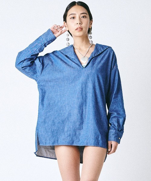 ブラウス シャツ 「mikomori × THIRD MAGAZINE」DENIM SAILOR COLLAR SHIRT レディース mikomori × THIRD MAGAZINE】DENIM SAILOR COLLAR SHIRT（シャツ