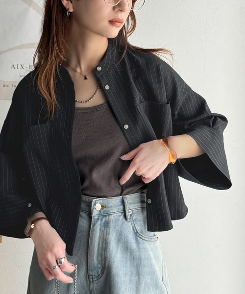 セール】大人の上品トップス。バンドカラーワイドスリーブショート丈