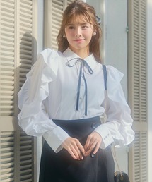 ショルダーフリルナローリボンシャツブラウス