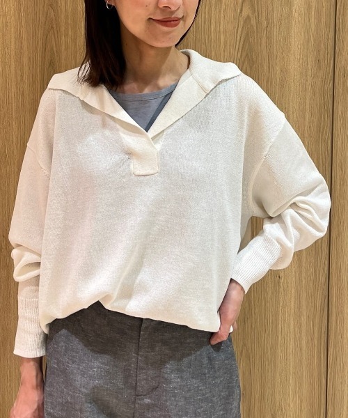 human woman(ヒューマンウーマン)の「◆【ウォッシャブル】ペーパーヤーンセーラーカラートップス(ニット/セーター・レディース・ライトグリーン/ホワイト/パープル・MEDIUM)」の9枚目の写真