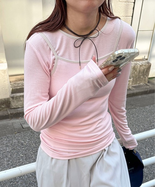 PILIT(ピリット)の「レイヤードキャミset ロンtee(Tシャツ/カットソー・レディース・アイボリー/グリーン/ピンク・MEDIUM)」の3枚目の写真