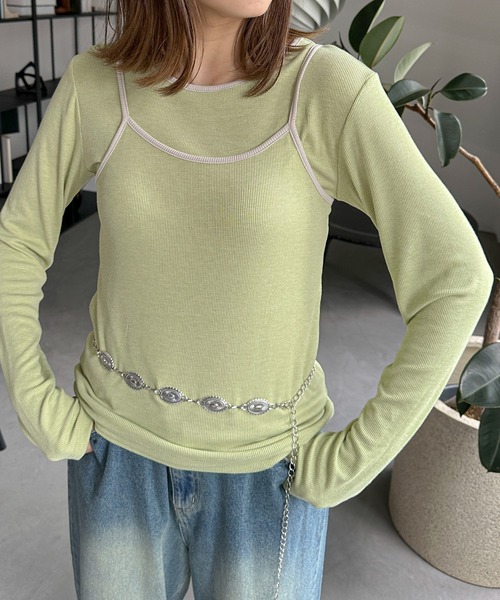 PILIT(ピリット)の「レイヤードキャミset ロンtee(Tシャツ/カットソー・レディース・アイボリー/グリーン/ピンク・MEDIUM)」の2枚目の写真