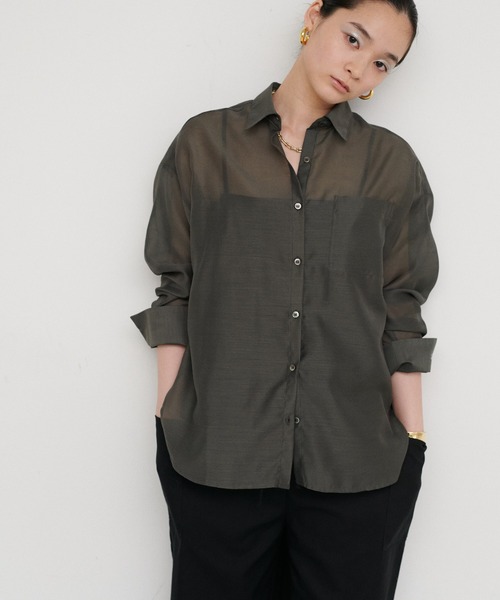 LARUTA（ラルータ）の「【LARUTA】［WEB限定］シアーロゴ刺繍レギュラーシャツ（シャツ/ブラウス・レディース・ブラウン/サックスブルー/オフホワイト/スミクロ・FREE）」の16枚目の写真