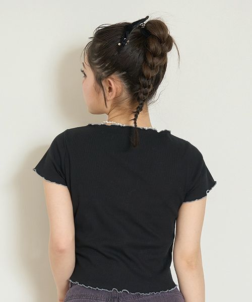 Mi-je(ミジェ)の「フロントシャーリング半袖テレコ【韓国ファッション】(Tシャツ/カットソー・レディース・ラベンダー/ブラック・F)」の3枚目の写真