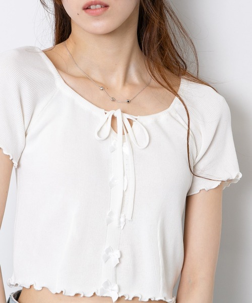 pumpkin port（パンプキンポート）の「フロントリボン付き メロー半袖カットソートップス（Tシャツ/カットソー・レディース・パープル/ホワイト/グリーン/ブルー/ブラック・M）」の2枚目の写真