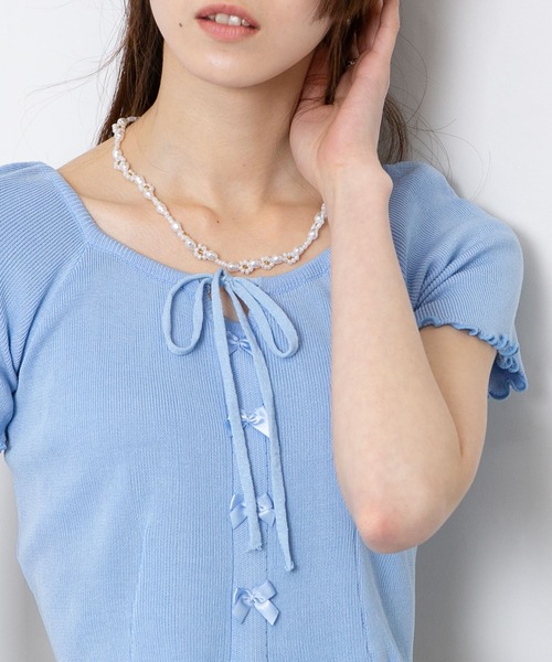 pumpkin port（パンプキンポート）の「フロントリボン付き メロー半袖カットソートップス（Tシャツ/カットソー・レディース・パープル/ホワイト/グリーン/ブルー/ブラック・M）」の5枚目の写真