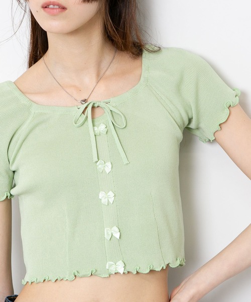 pumpkin port（パンプキンポート）の「フロントリボン付き メロー半袖カットソートップス（Tシャツ/カットソー・レディース・パープル/ホワイト/グリーン/ブルー/ブラック・M）」の4枚目の写真