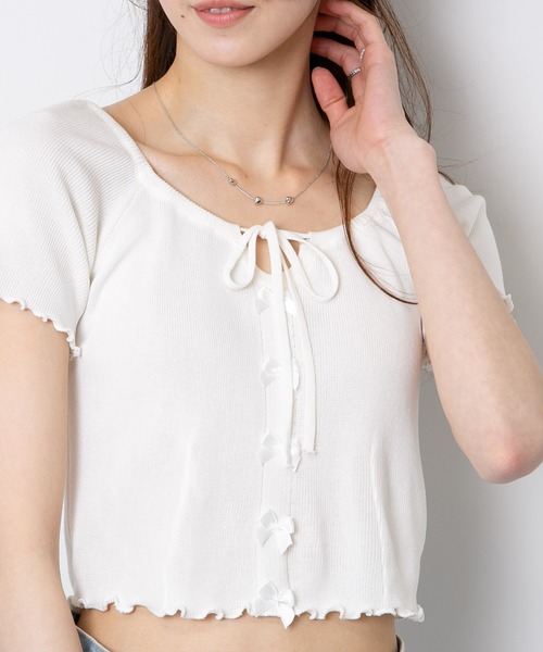 pumpkin port（パンプキンポート）の「フロントリボン付き メロー半袖カットソートップス（Tシャツ/カットソー・レディース・パープル/ホワイト/グリーン/ブルー/ブラック・M）」の6枚目の写真