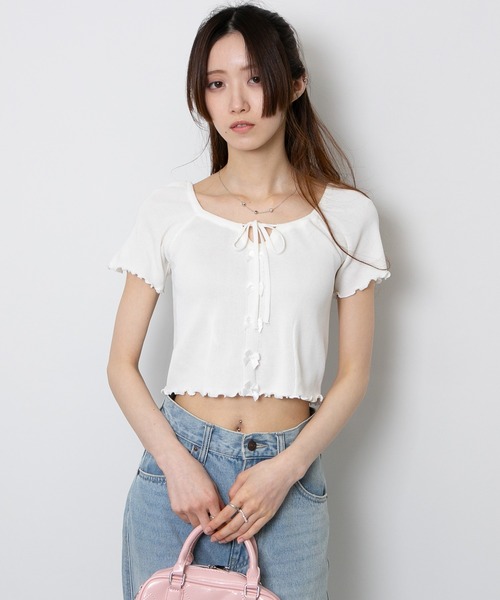 pumpkin port（パンプキンポート）の「フロントリボン付き メロー半袖カットソートップス（Tシャツ/カットソー・レディース・パープル/ホワイト/グリーン/ブルー/ブラック・M）」の8枚目の写真
