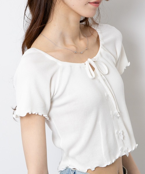 pumpkin port（パンプキンポート）の「フロントリボン付き メロー半袖カットソートップス（Tシャツ/カットソー・レディース・パープル/ホワイト/グリーン/ブルー/ブラック・M）」の9枚目の写真