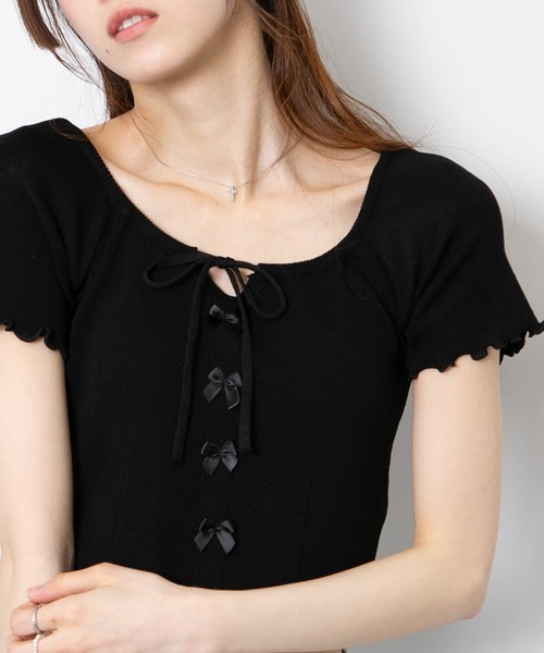 pumpkin port（パンプキンポート）の「フロントリボン付き メロー半袖カットソートップス（Tシャツ/カットソー・レディース・パープル/ホワイト/グリーン/ブルー/ブラック・M）」の11枚目の写真