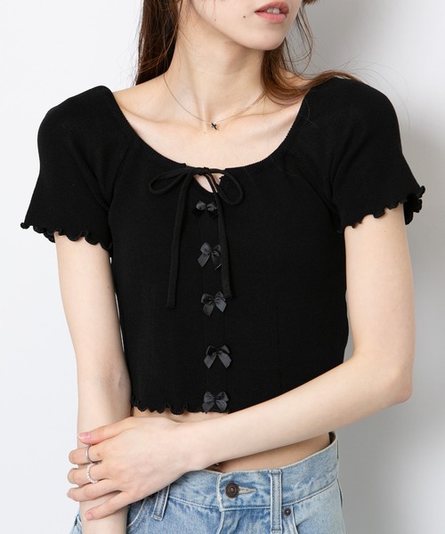 pumpkin port（パンプキンポート）の「フロントリボン付き メロー半袖カットソートップス（Tシャツ/カットソー・レディース・パープル/ホワイト/グリーン/ブルー/ブラック・M）」の12枚目の写真