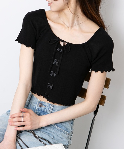 pumpkin port（パンプキンポート）の「フロントリボン付き メロー半袖カットソートップス（Tシャツ/カットソー・レディース・パープル/ホワイト/グリーン/ブルー/ブラック・M）」の13枚目の写真