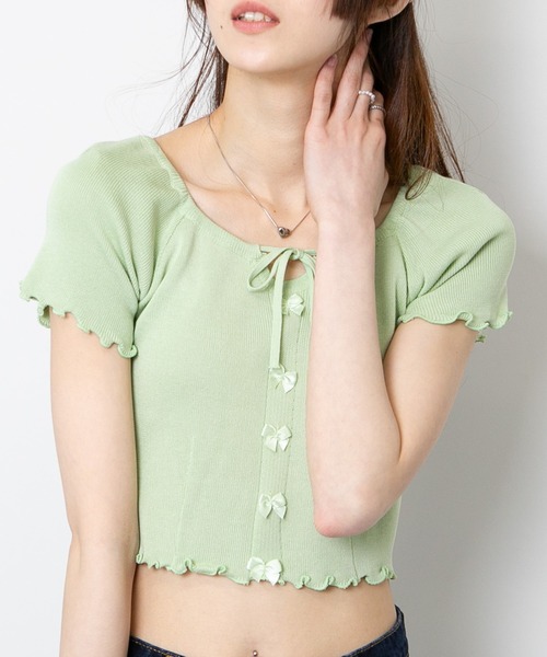 pumpkin port（パンプキンポート）の「フロントリボン付き メロー半袖カットソートップス（Tシャツ/カットソー・レディース・パープル/ホワイト/グリーン/ブルー/ブラック・M）」の19枚目の写真