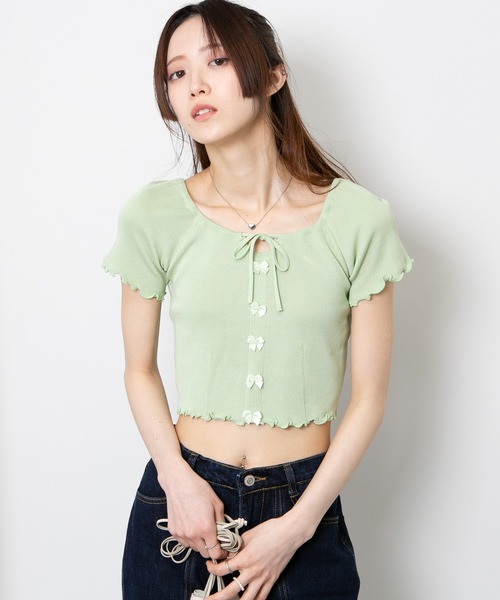 pumpkin port（パンプキンポート）の「フロントリボン付き メロー半袖カットソートップス（Tシャツ/カットソー・レディース・パープル/ホワイト/グリーン/ブルー/ブラック・M）」の20枚目の写真