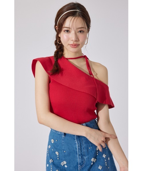 rienda（リエンダ）の「ワンショルダーニットトップス 夏服 サマーニット ノースリーブトップス（ニット/セーター・レディース・レッド/ベージュ/ブラック・FREE）」の22枚目の写真