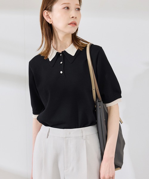 新色追加】バイカラーレイヤード風ニットポロシャツ（ポロシャツ