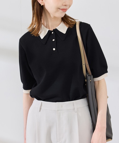 新色追加】バイカラーレイヤード風ニットポロシャツ（ポロシャツ