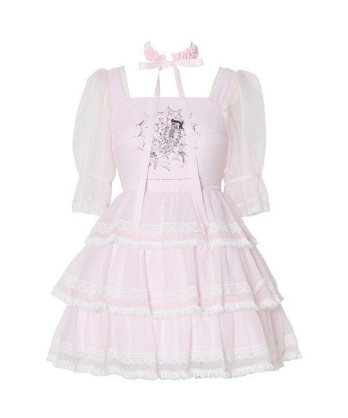 AVENCHUMU（アバンチュウム）の「Frill choker sheer tiered illustration onepiece（ワンピース・レディース・ホワイト/ブラック/ピンク・FREE）」の3枚目の写真