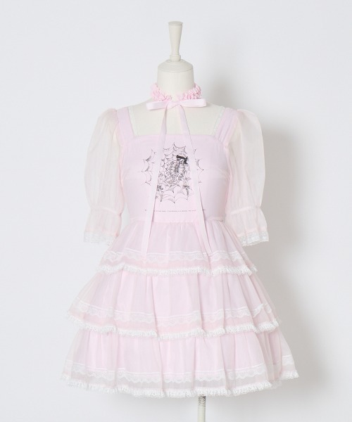 AVENCHUMU（アバンチュウム）の「Frill choker sheer tiered illustration onepiece（ワンピース・レディース・ホワイト/ブラック/ピンク・FREE）」の21枚目の写真
