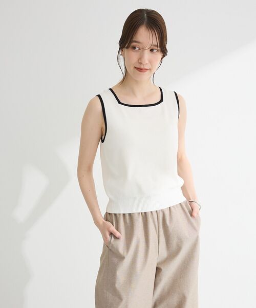 Green　Parks（グリーンパークス）の「・ELENCARE DUE バイカラーニットタンク（タンクトップ・レディース・カーキ/ブラック/オフホワイト/ダークベージュ・FREE）」の5枚目の写真