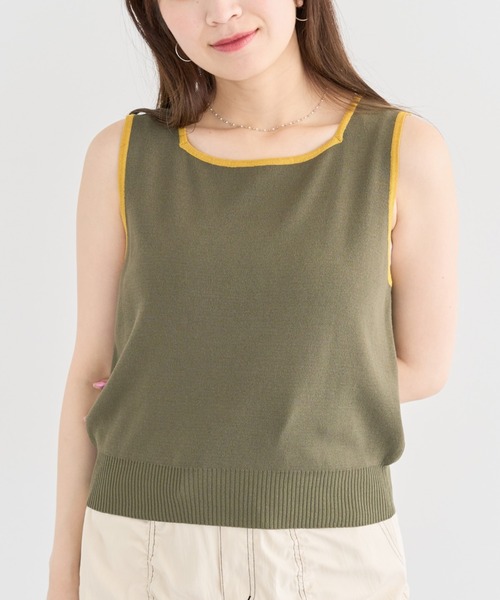 Green　Parks（グリーンパークス）の「・ELENCARE DUE バイカラーニットタンク（タンクトップ・レディース・カーキ/ブラック/オフホワイト/ダークベージュ・FREE）」の4枚目の写真