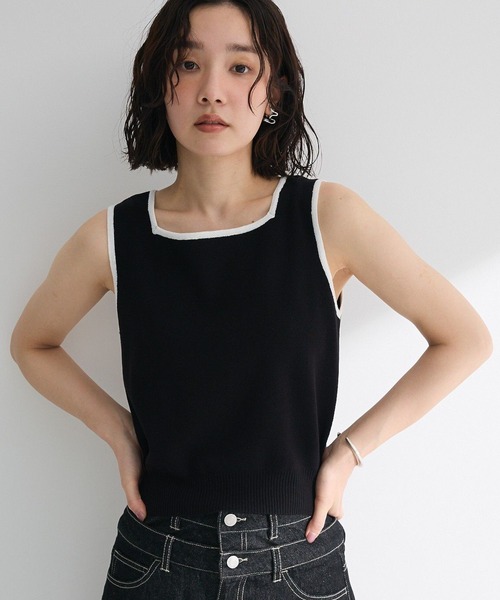 Green　Parks（グリーンパークス）の「・ELENCARE DUE バイカラーニットタンク（タンクトップ・レディース・カーキ/ブラック/オフホワイト/ダークベージュ・FREE）」の2枚目の写真