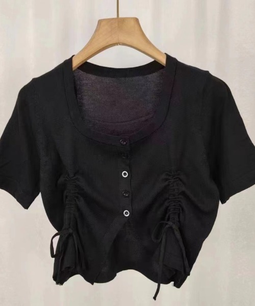 Per sist ence(パーシエンス)の「フロントシャーリングリボンショート半袖カーデ(Tシャツ/カットソー・レディース・グレー/ホワイト/ブラック・ONE SIZE)」の7枚目の写真