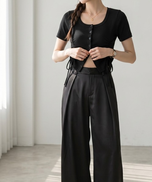 Per sist ence(パーシエンス)の「フロントシャーリングリボンショート半袖カーデ(Tシャツ/カットソー・レディース・グレー/ホワイト/ブラック・ONE SIZE)」の14枚目の写真