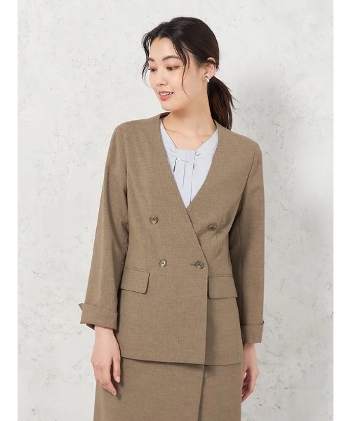 HARUYAMA(ハルヤマ)の「【ウォッシャブル】ダブルジャケット リネンライクストレッチ UVカット SOFFICE(テーラードジャケット・レディース・ブラウン/チャコールグレー・11号/9号/7号/13号)」の1枚目の写真