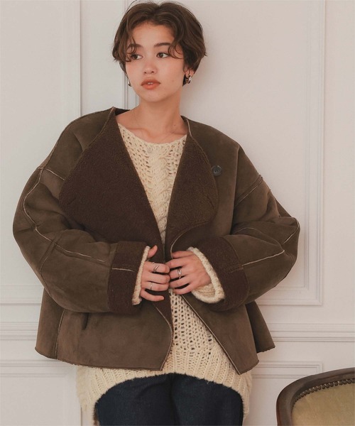 セール】フェイクムートンノーカラージャケット（ノーカラージャケット