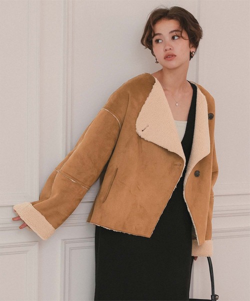 セール】フェイクムートンノーカラージャケット（ノーカラージャケット