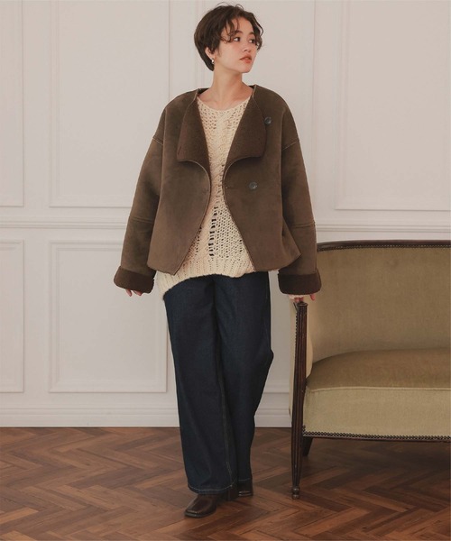 titivate(ティティベイト)の「フェイクムートンノーカラージャケット(ノーカラージャケット・レディース・ダークブラウン/ブラウン/ライトベージュ・L/M)」の5枚目の写真