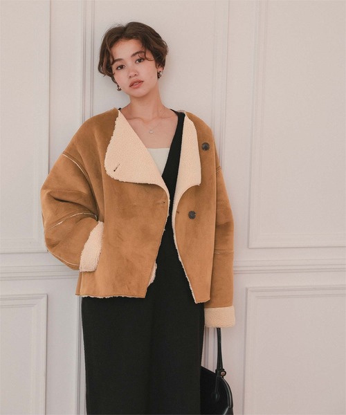 titivate(ティティベイト)の「フェイクムートンノーカラージャケット(ノーカラージャケット・レディース・ダークブラウン/ブラウン/ライトベージュ・L/M)」の12枚目の写真