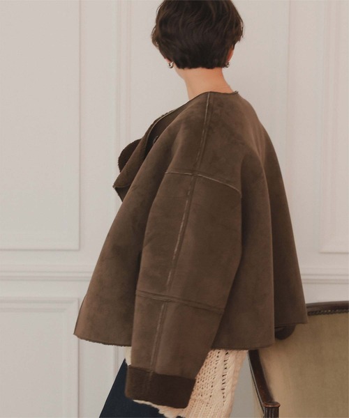 titivate(ティティベイト)の「フェイクムートンノーカラージャケット(ノーカラージャケット・レディース・ダークブラウン/ブラウン/ライトベージュ・L/M)」の10枚目の写真