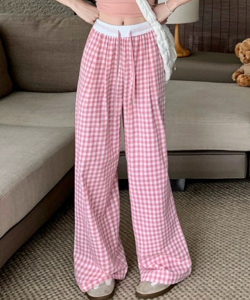 LOULOU select(ルルセレクト)の「チェック柄ダブルウエストワイドパンツ(その他パンツ・レディース・ブラック/ブルー/ピンク・M)」の3枚目の写真