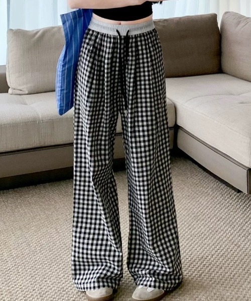 LOULOU select(ルルセレクト)の「チェック柄ダブルウエストワイドパンツ(その他パンツ・レディース・ブラック/ブルー/ピンク・M)」の2枚目の写真