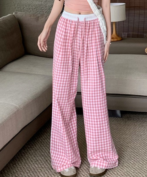 チェック柄ダブルウエストワイドパンツ（その他パンツ）｜LOULOU