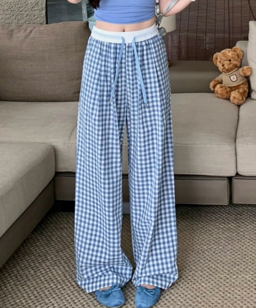 チェック柄ダブルウエストワイドパンツ（その他パンツ）｜LOULOU