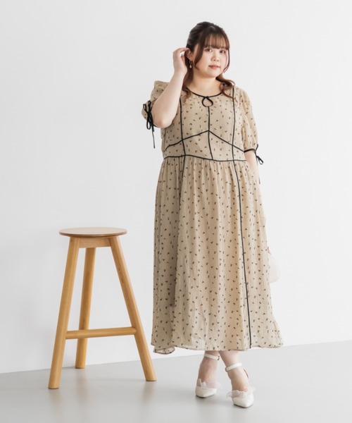 CLETTE(クレット)の「配色パイピングシアー花柄ワンピース(ワンピース・レディース・ベージュ/オフホワイト・LL/3L/4L)」の8枚目の写真