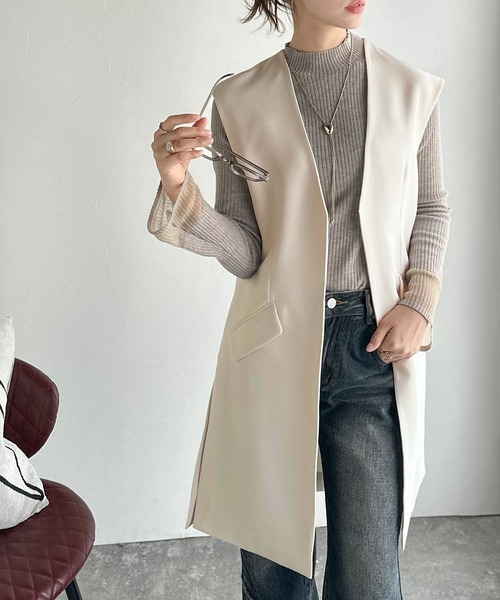 classicalelf（クラシカルエルフ）の「足し算でファッションを楽しむ♪大人のレイヤードアイテム。フラップポケット付きロングジレ（セットアップ可能）（ベスト・レディース・ブラウン/ブラック/アイボリー・LARGE/MEDIUM/SMALL/X-LARGE）」の4枚目の写真