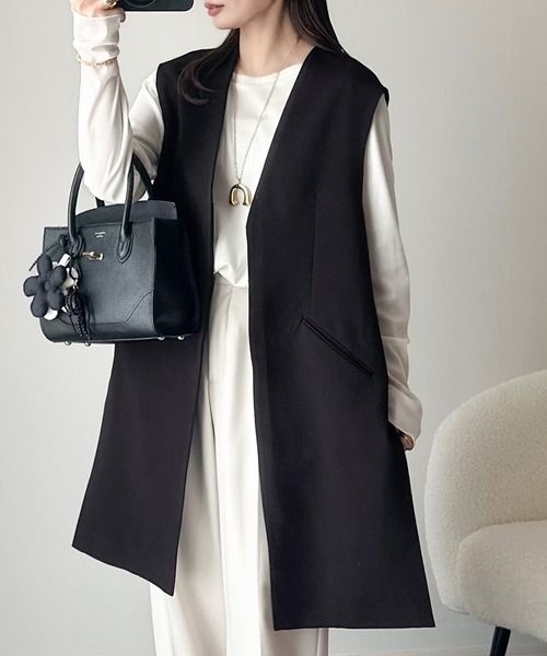 classicalelf（クラシカルエルフ）の「足し算でファッションを楽しむ♪大人のレイヤードアイテム。フラップポケット付きロングジレ（セットアップ可能）（ベスト・レディース・ブラウン/ブラック/アイボリー・LARGE/MEDIUM/SMALL/X-LARGE）」の9枚目の写真