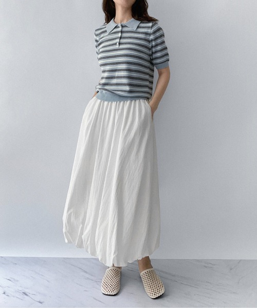 セール】【on:nue】[選べる4色展開] カラーラインポロ襟半袖ニット