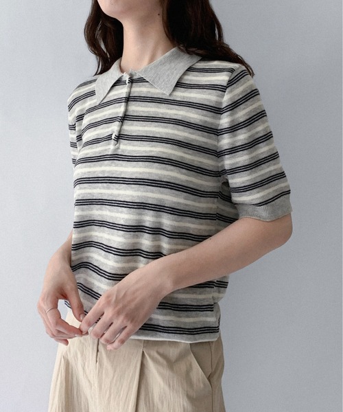 セール】【on:nue】[選べる4色展開] カラーラインポロ襟半袖ニット