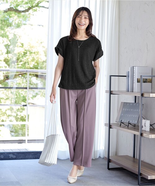 Tiaclasse（ティアクラッセ）の「ふくれジャカードカフス付きカットソー（Tシャツ/カットソー・レディース・オフホワイト/ブラック/グリーン・XL/XXL）」の14枚目の写真